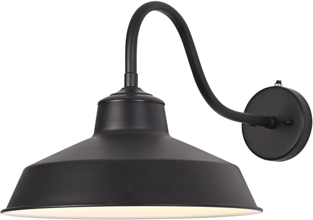 Dusk Till Dawn Gooseneck Wall Lights Black Outdoor Barn Wall Sconce Farmhouse Wall Mount Lights Black on The Outside, White on The Inside lampshade for Porch Entryway Garage 14in