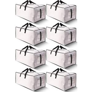 8 Pack Large Strong Moving Bags with Zippers & Carrying Handles - Water-Resistant - Heavy Duty Storage Tote for Space Saving, Fold Flat, Alternative to Moving Box (Semi-Transparent)