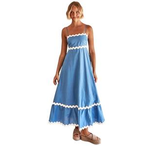 OBEEII Women Summer Dresses 2024 Boho Spaghetti Strap Backless Smocked Flowy Maxi Dress Rickrack Trim A-line Swing Dress Wedding Guest Party Casual Beach Vacation Sundress Blue M