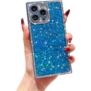 Owncase for iPhone 13 Pro Max Case Glitter, Crystal Diamonds Shiny Bling Sparkly Electroplated Edge Shockproof Soft TPU Bumper Phone Case for Women Girls, Blue