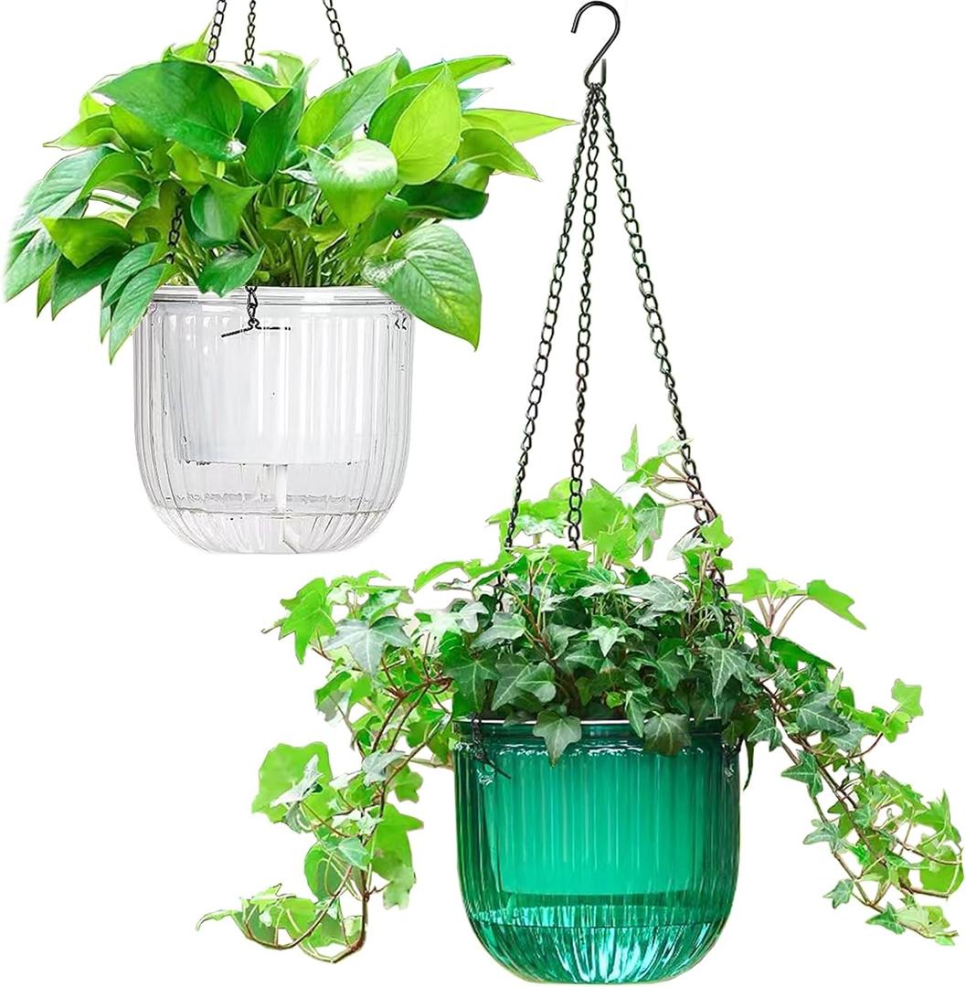 Melphoe 2 Pack Self Watering Hanging Planters Indoor Flower Pots, 6.5 Inch Outdoor Hanging Plant Pot Basket, Plant Hanger with 3Hooks Drainage Holes for Garden Home (Emerald+white)