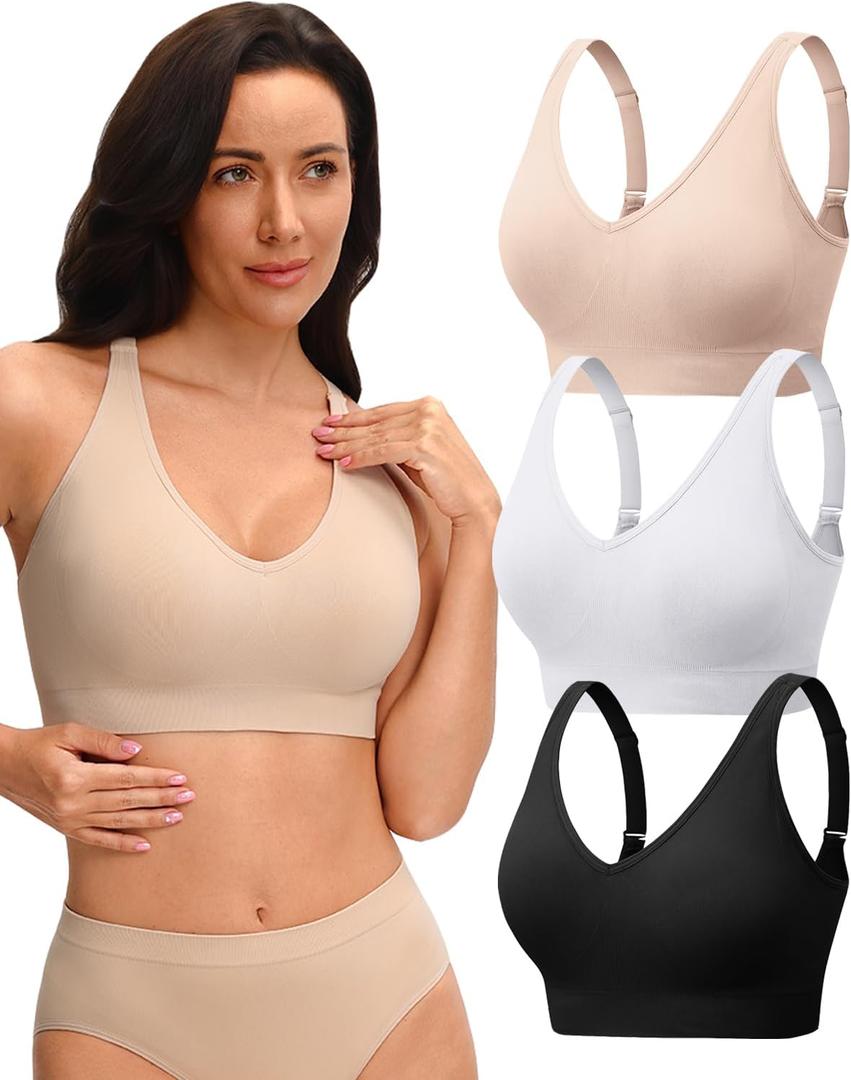 Evercute Womens V Neck Bras 3 Pack Adjustable Wireless Supportive No Underwire Bras Padded Comfort Bralette for Everyday, XL