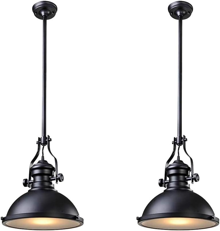 12 Inch Industrial Pendant Light with Diffuser, Vintage Hanging Fixture for Kitchen Island, Dining Room, Farmhouse, Bar, Cafe, Dimmable Rustic Ceiling Lamp (Black, 2 Pack)