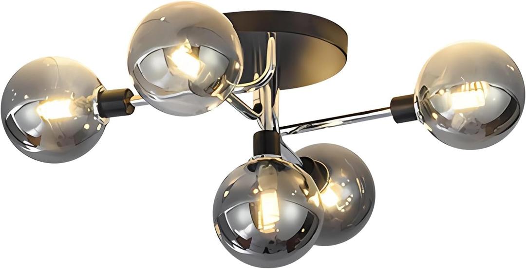 BOKT Sputnik Chandelier 5 Heads Semi Flush Mount Ceiling Light Smoked Glass Glob Pendant Lighting Fixtures for Kitchen Dining Room Living Room Bedroom Bulbs Included (Smoke Gray Shade,Silver)