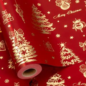 Yarcony Christmas Wrapping Paper, Red Gift Wrapping Paper, Luxury Red and Gold Christmas Tree, Bell, and Bow Foil Holiday Gift Wrap Paper for Present Packaging, Crafts (Mini Roll, 17 Inch X 33 Feet)