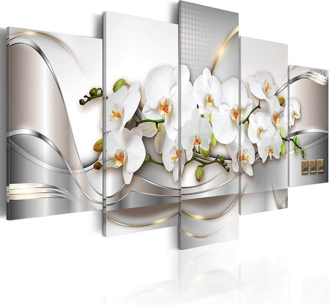 5 Panel Butterfly Orchid Flowers Canvas Print Wall Art Painting Decor for Home Decoration Picture for Bedroom Framed Ready to Hang White Floral Artwork, overall 40"x20"