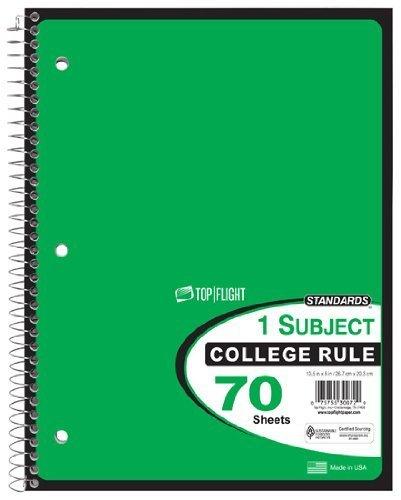 Top Flight Standards 1-Subject Wire bound Notebook, 70 Sheets, College Rule, 10.5 x 8 Inches, 1 Notebook, Green Cover (30072) by Top Flight