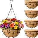 EIMQUVW Outdoor Hanging Planter(4-Pack) Black Metal Hanging Baskets with Coconut Fiber Lining 14 inch Round Chain Flower Pots for Patio Garden Greenery Decoration