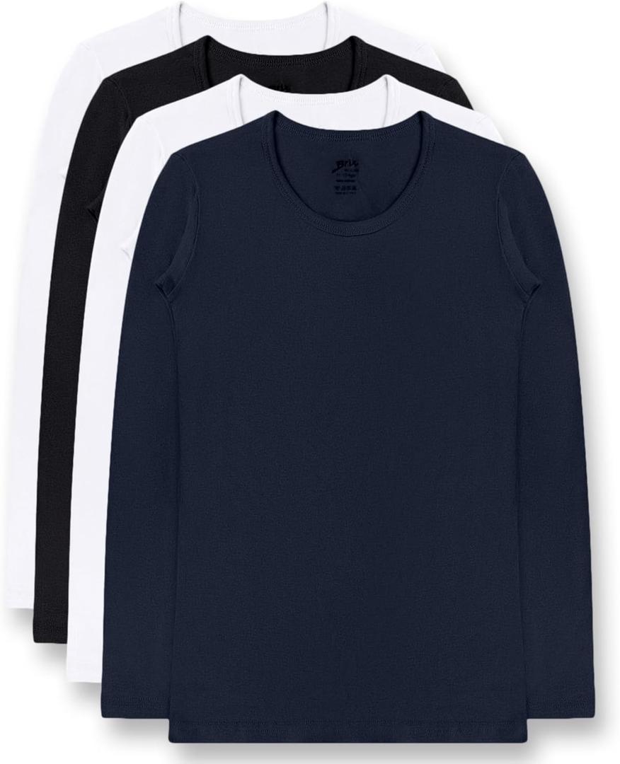 Brix Girls' Long Sleeve Tees - 100% Cotton Tagless 4 -Pack Crew Neck Super Soft Cotton T Shirts. (11-13 Years, Black, Navy, White X 2)