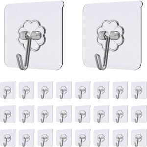Self Adhesive Hooks 24 Pcs Transparent Waterproof Sticky Hooks Hanging Heavy Duty on Smooth Surfaces Like Wall, Tiles, Glass, Metal for Home, Bathroom, Kitchen, Office and Outdoor (24, Clear)