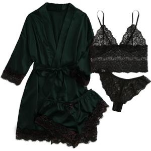 WDIRARA Women' Silk Satin Pajamas Set 4pcs Lingerie Floral Lace Cami Sleepwear with Robe (3X-Large, Dark Green Black)