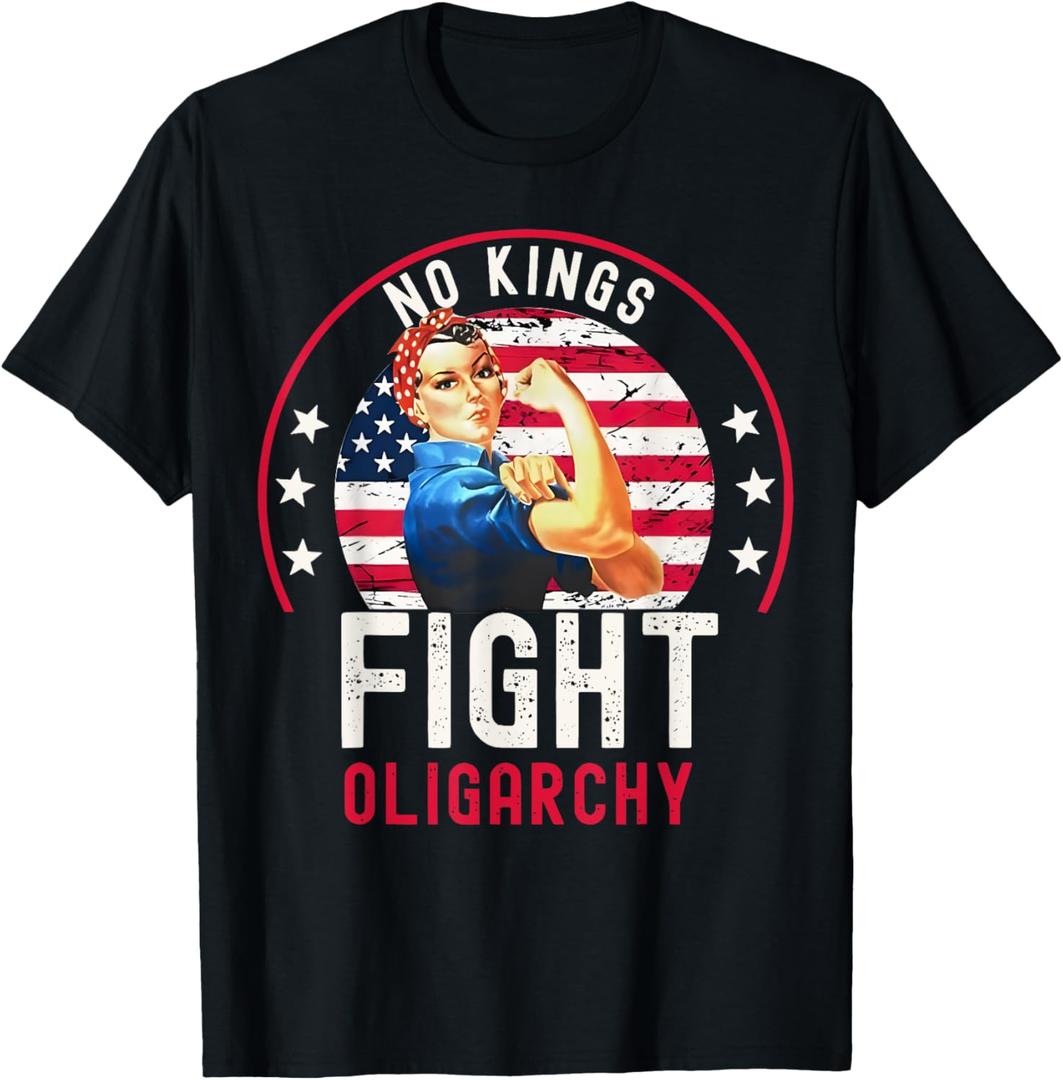 Vintage No Kings Fight Oligarchy Woman's Girl America Flag T-Shirt (Black, Size S)