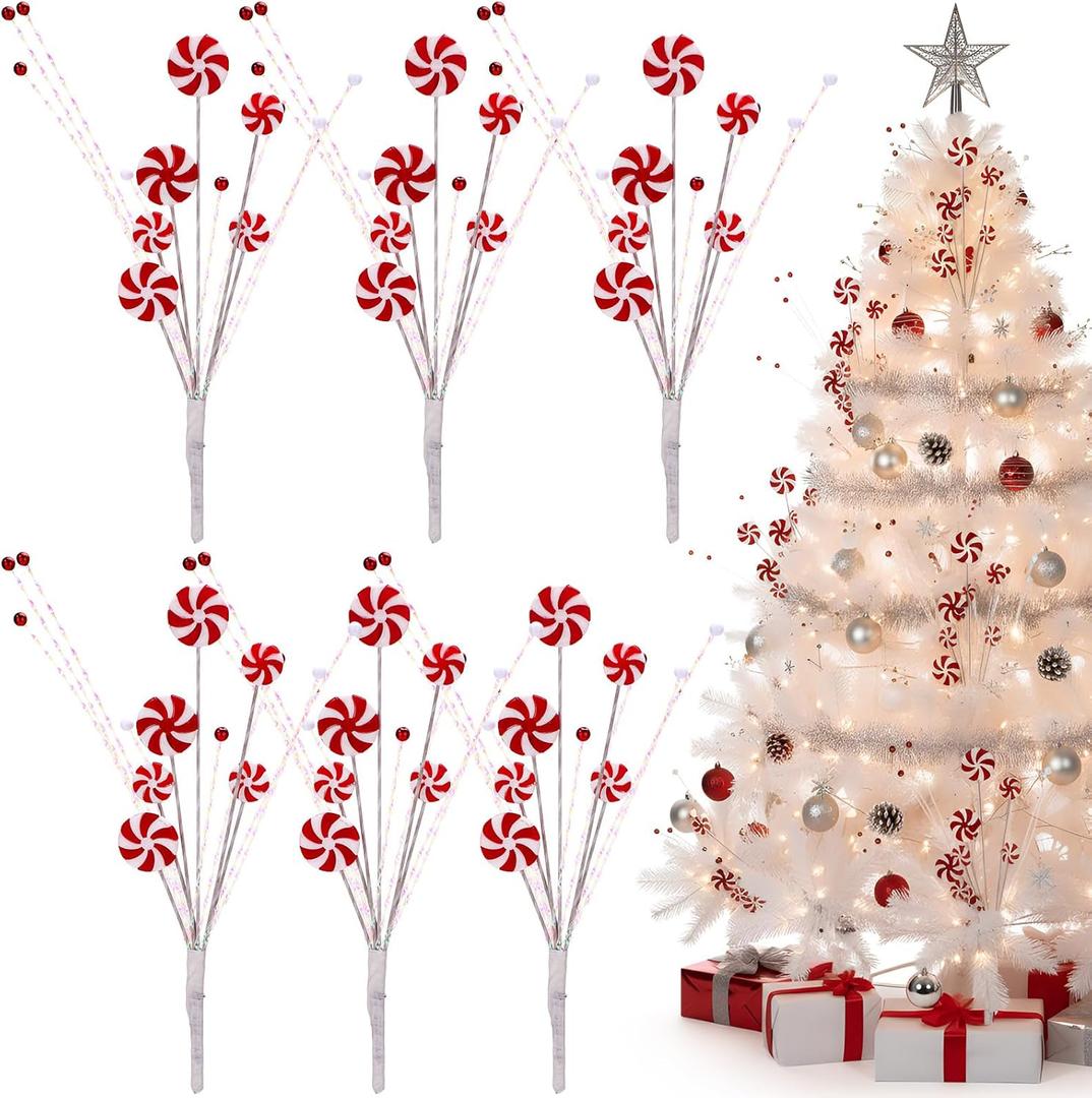 Suncalla 6 Pcs Candy Cane Christmas Tree Picks Red White Artificial Decoration Flower Vase Filler Ornament Christmas Tree Picks for Table Centerpiece DIY Home Wreath Decor