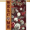 Winter Christmas House Flag 28x40 Inch Double Sided Outside, Welcome Dried Flowers Pine Cone Branch Red Berry Cotton Xmas Holiday Outdoor Seasonal Garden Yard Decoration