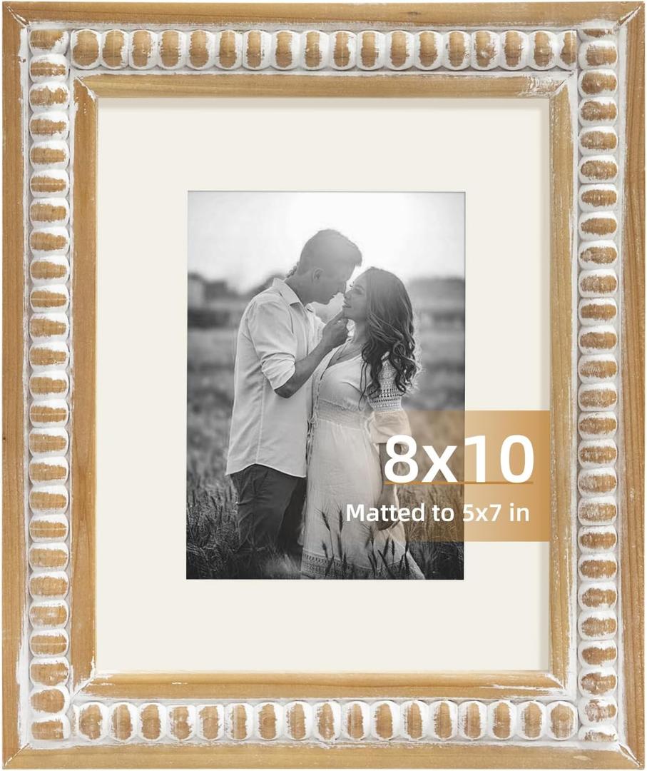 Wooden 8x10 Picture Frame with Mat for Displays 8x10 and 5x7 Photos, Farmhouse Picture Frames with Wooden Beaded Design, White 8 by 10 Picture Frame for Tabletop Home Decor (Natural)
