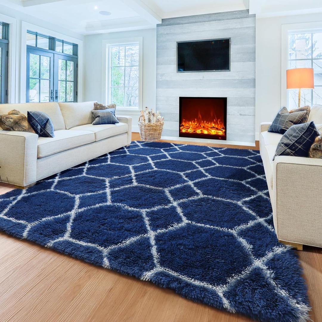 ONASAR Large 6x9 Area Rugs for Living Room, Fluffy Geometric Navy and White Rug for Boys Bedroom Home Decor Aesthetic, Soft Shaggy Plush Floor Carpet for Girls Teen Nursery Playroom Office Dorm
