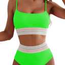 Herseas Women's Bikini Sets Colorblock Trim 2 Piece High Waisted Swimsuit Scoop Neck Adjustable Spaghetti Straps Bathing Suit (Large, Bright Green)