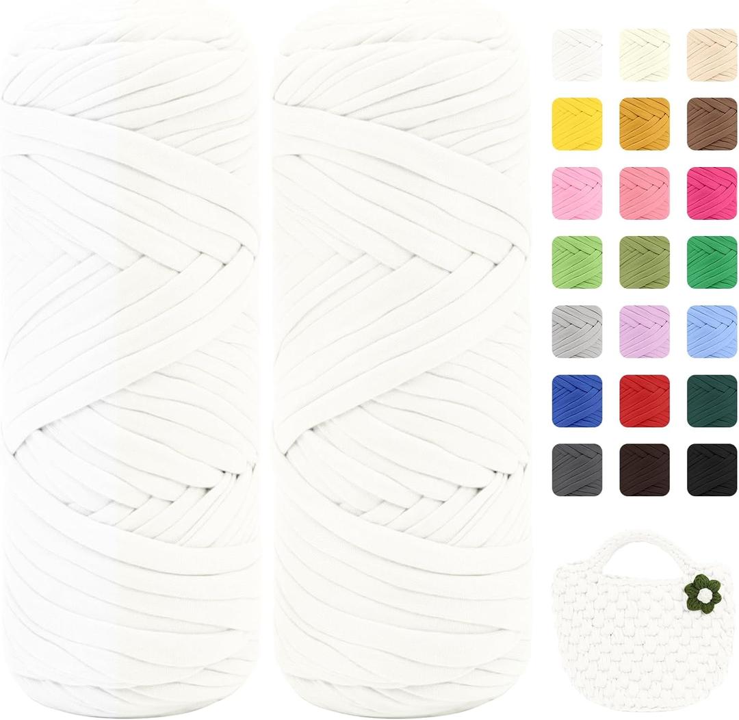 Premium T-Shirt Yarn 400g (2 Balls,200g/75m Each), T Shirt Yarn High Elastic Polyester Fabric for Crocheting Bags/Baskets/Rugs, Home Decor, DIY Crafts(White)