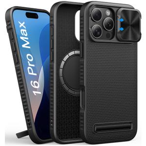 for iPhone 16 Pro Max Case with Stand, Compatible with MagSafe, Slide Camera Cover, Slim Fit, Military-Grade Protection, Rugged Hard Magnetic Men Phone Case for iPhone 16 Pro Max 2024, Black