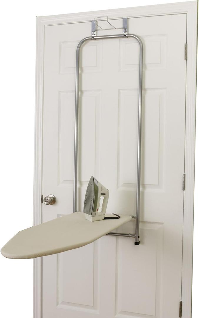 Household Essentials 144222 Over The Door Small Ironing Board with Iron Holder, Natural Cotton Cover Silver
