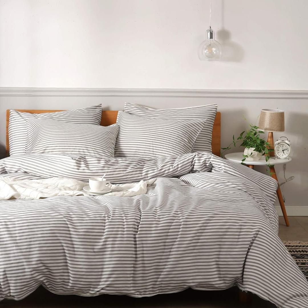 JELLYMONI 100% Natural Cotton 3pcs Striped Duvet Cover Sets, White with Grey Stripes Pattern Printed Comforter Cover, with Zipper Closure & Corner Ties, (King(104"90"), 0604)