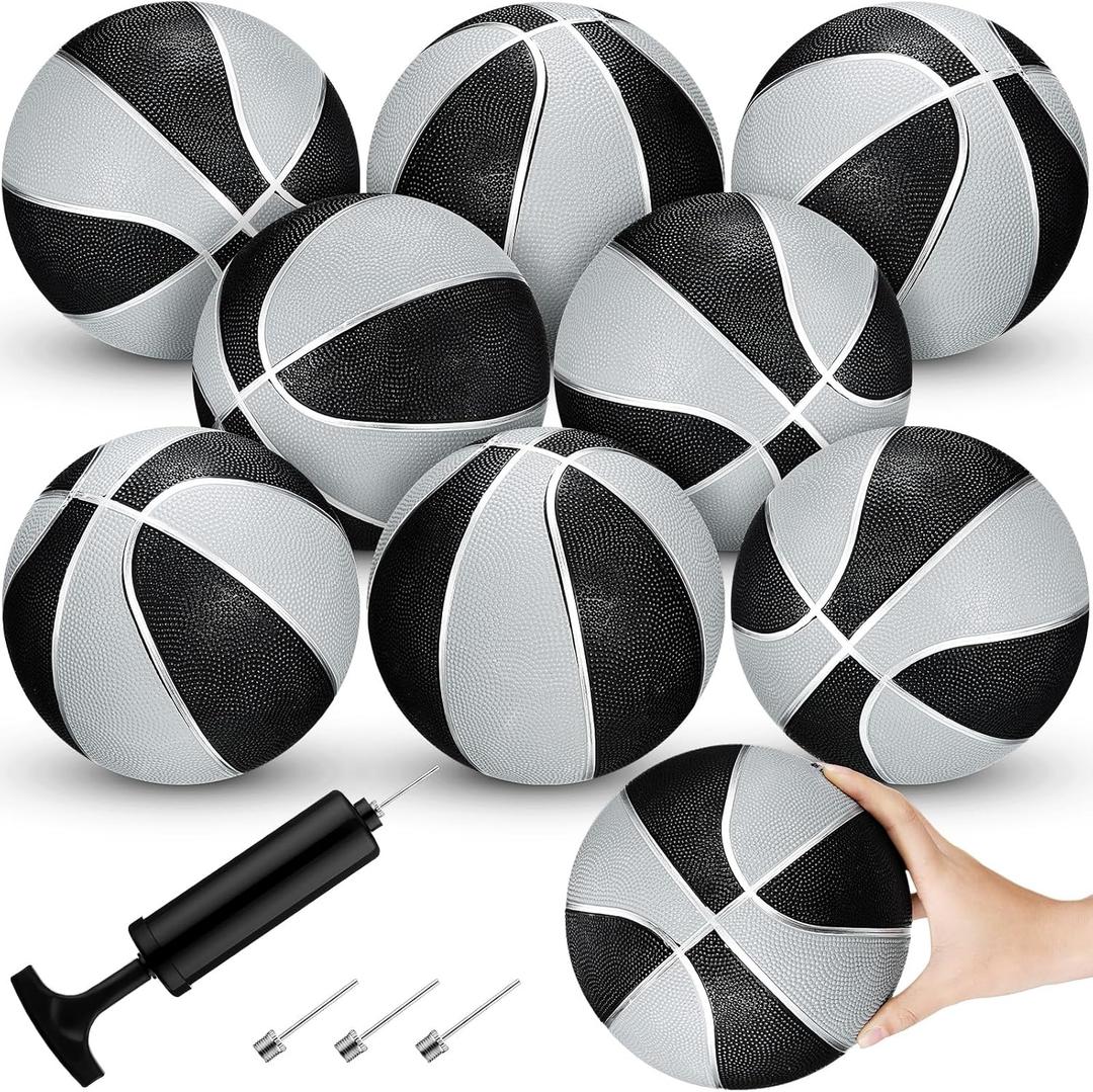 8 Pack 7 Inch Mini Rubber Basketballs Set Small Basketball with Air Pump Mini Hoop Junior Size 3 Basketballs for Beginner Arcade Games Indoor Outdoor Pool Party Favors(Black and Silver)
