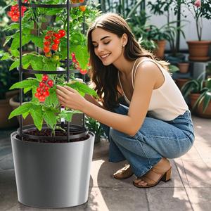 DoCred Self Watering Tomato Planter with Trellis, Large Flower Pot with Water Level Monitor, Round Garden Planters Plant Pots for Outdoor & Indoor Plants Flowers Decor, Gray