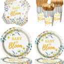 Kelfara 200Pcs Spring Baby in Bloom Baby Shower Decorations Plates Set, Wildflower Floral Baby Shower Paper Plates Napkins Cups and Gold Cutlery Set, Serve 25