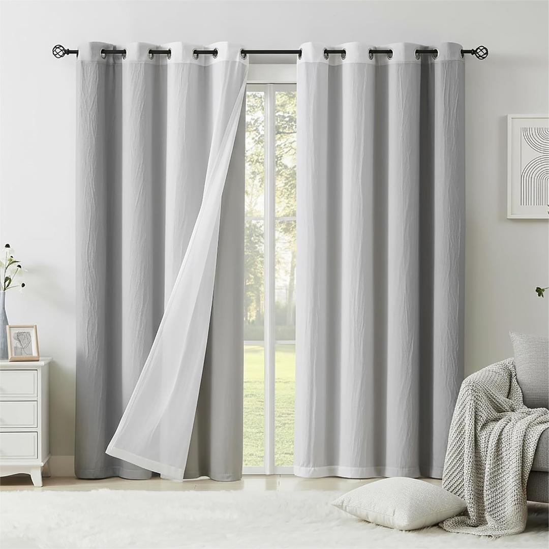 Grey Blackout Curtains with Ombre Sheers Overlay 84 Inch Long for Living Room Bedroom Decor, Mix and Match Double Layer 90% Blackout Window Drapes for Office, Nursery, Grommet Top, 52"W, 4 Panels