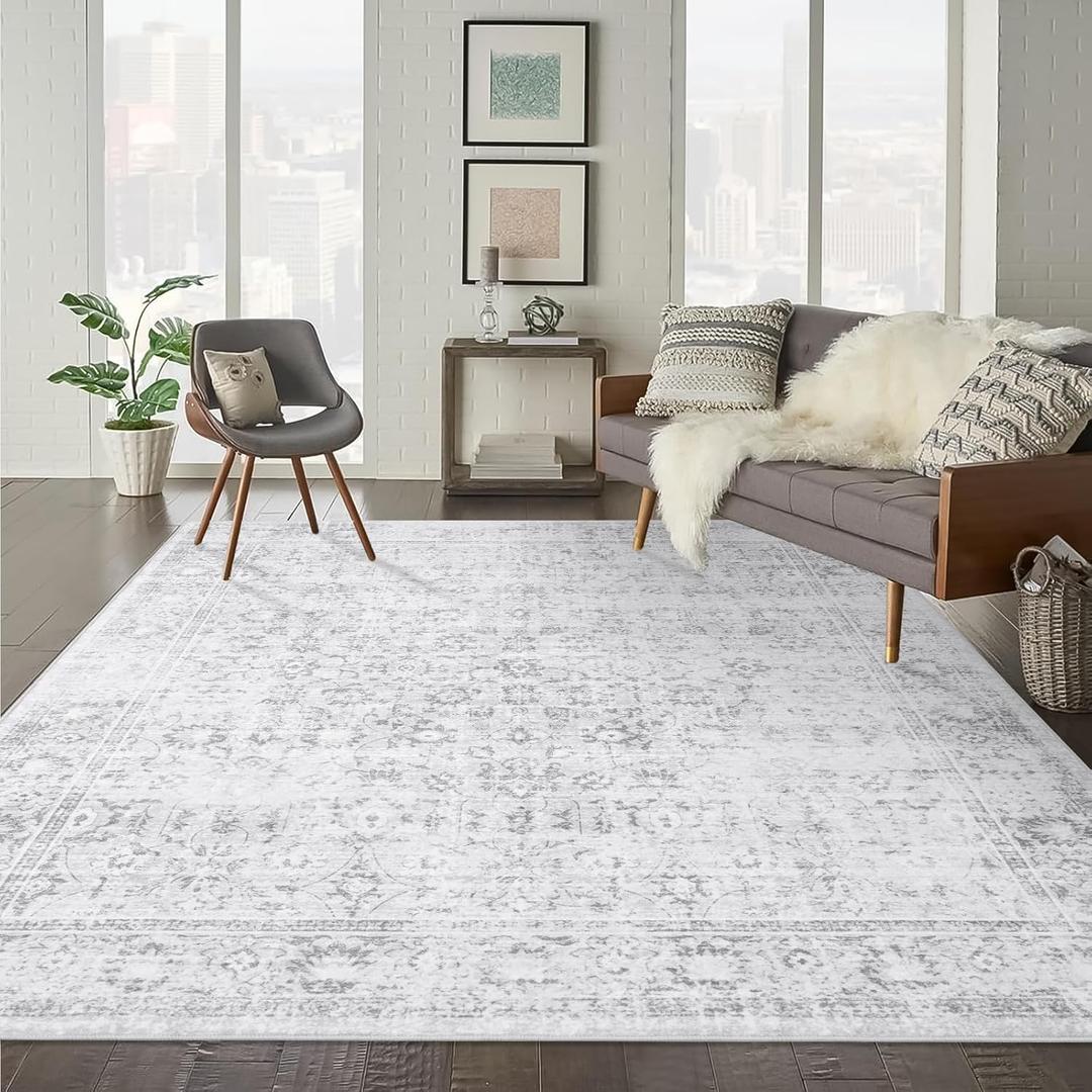 LIVEBOX Traditional Rug 9x12 - Large Gray Vintage Rug for Living Room, Washable Soft Floral Carpet Anti-Skid Thin Neutral Rugs for Office Bedroom Dining Room, Silverygray