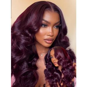 Sunber Black Cherry Layered Straight 13x4 Pre Cut Lace Front Wigs Human Hair Pre Everything Glueless Ready to Go Wig 180% Density Pre Plucked Pre Bleached Invisible Knots Burgundy Plum Straight 20Inch