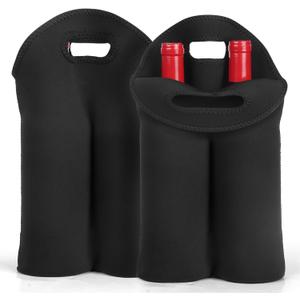 2 Pack Wine Carrier Tote Bag, 4 Bottles Carrying Cooler Bags for Travel and Picnic, Insulated Neoprene Water Beer Bottle Holder with Secure Carry Handle,Keep Bottles Protected (Black)