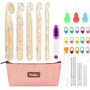 Vodiye 5 Sizes Large Crochet Hooks 12mm-25mm, Ergonomic Crochet Hook Set, Transparent Hooks for Chunky Yarn and DIY Crafts