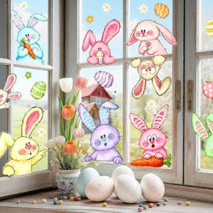 2 x JarThenaAMCS Extra Large Bunny Rabbit Easter Window Clings Colorful Watercolor Bunny Egg Double-Sided Glass Sticker Decals for Spring Home Party Wall Decor, 6 Sheets