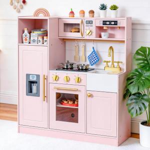 inFUNSAME Wooden Kids Play Kitchen with Lights and Sounds,Home Style Design | 18 Accessories, Fridge, Storage, Coffee Maker, Stove, Sink, Oven, Interactive Pretend Play Toy, Gift for Boys & Girls Ages 3+