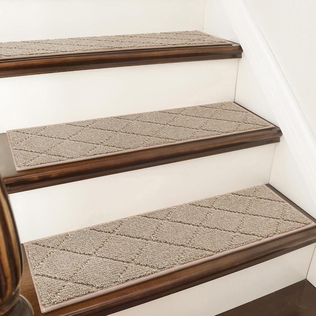COSY HOMEER Edging Stair Treads Non-Slip Carpet Mat 28inX9in Indoor Stair Runners for Wooden Steps, Edging Stair Rugs for Kids and Dogs, 100% Polyester TPE Backing (15pc, Beige) COSY HOMEER Edging Stair Treads Non-Slip Carpet Mat 28inX9in Indoor Stair Runners for Wooden Steps, Edging Stair Rugs for Kids and Dogs, 100% Polyester TPE Backing (15pc, Beige)