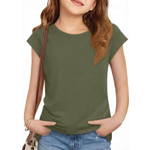 ZDC Girls Short Cap Sleeve T Shirts Kids Crewneck Summer Tops Basic Tees 5-14 Years (Green)