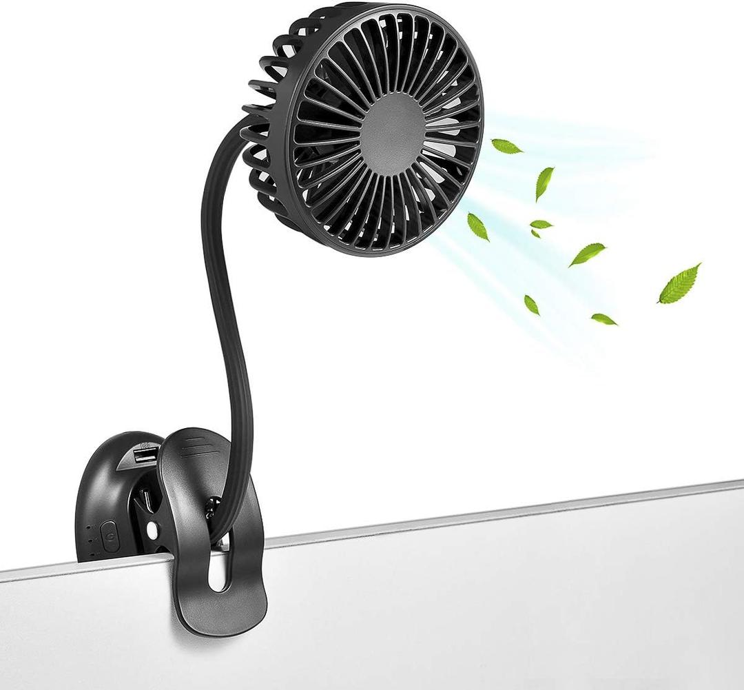 Clip On USB Mini Desk Fan with Emergency Power Bank, Battery Operated Rechargeable Portable Fan - Flexible Neck, 3 Speed Personal Cooling for Baby Stroller, Car, Camping, Office, Dorm, Beach - Black