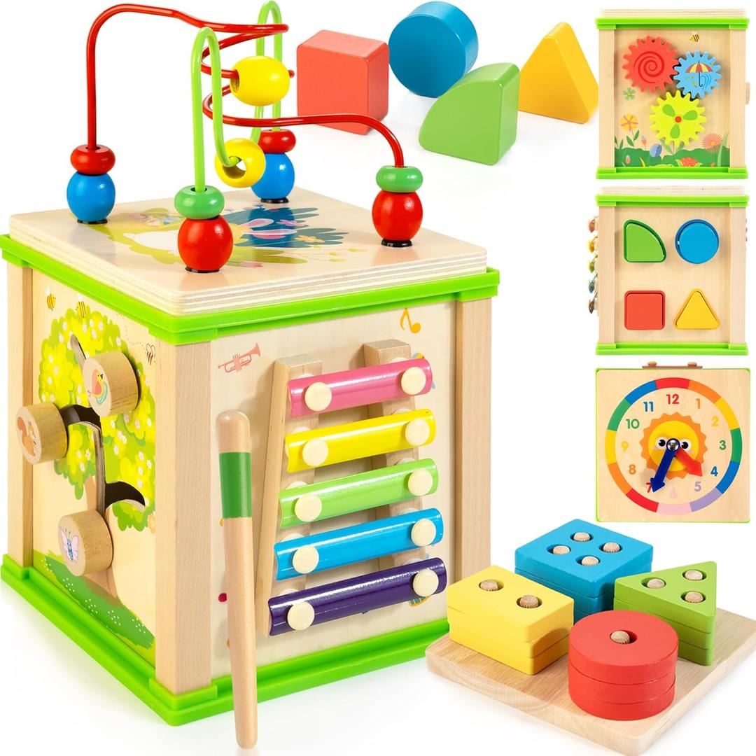 Wooden 7-in-1 Activity Cube| Montessori Toys for 1 2 3 Year Old Toddlers| Baby Educational Developmental Toys |One Year Old Boys Girls First Birthday Gifts |Bonus Sorting & Stacking Board (Green)