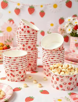 Potchen Disposable Paper Bowls Fiesta Paper Soup Bowls Snack Cups Plates Wedding Birthday Party Supplies for Summer Ice Cream Taco Salsa Dessert Hot or Cold Food, Strawberry, 5- Pcs 
