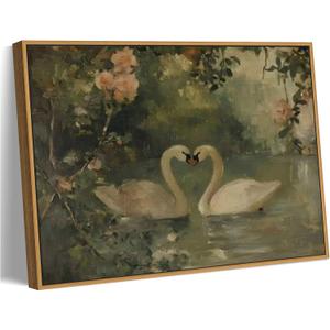 Framed Vintage Canvas Swan wall art Sage Green Print Antique Couple Swan Oil Painting Elegant Animal Pictures Wall Decor Farmhouse Aesthetic Wall Decor for Living Room Bedroom Farmhouse Home