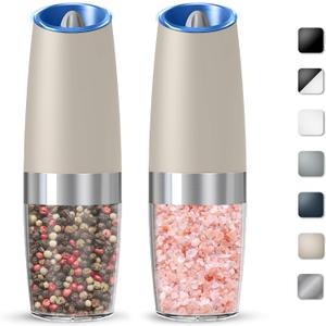 Gravity Electric Salt And Pepper Grinder Set, Automatic Salt And Pepper Grinder Set, Battery Powered (6 AAA Batteries Each), Adjustable Roughness, LED Light, 2 Pack, (Khaki)