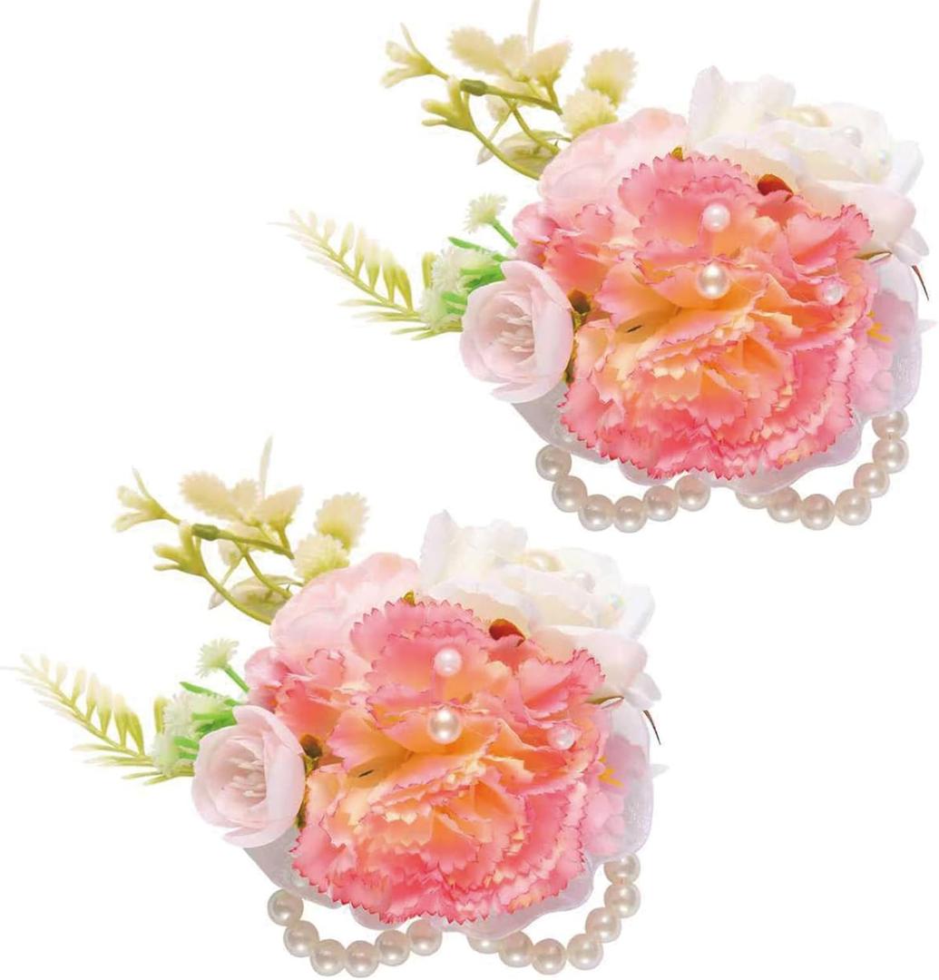 Wrist Corsage and Boutonniere Set, Artificial Rose Corsage Wristlet and Boutonniere for Wedding Prom Party (Carnation,2pcs Wrist Corsage)