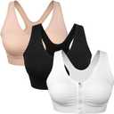 Women's Zip Front Sports Bra Wireless Post-Surgery Bra Active Yoga Sports Bras (Medium, Black-flesh-white)