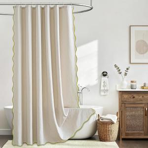 Beige Scalloped Shower Curtain Linen Textured with 12 Metal Hooks Cute Heavy Duty Washable Waterproof Neutral Thick Cloth Shower Curtains with Grass Green Border for Bathroom Hotel Bathtub, W72xL72