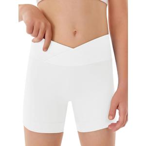 Girls Athletic Shorts Slim Tummy Control V Cross Waist Short Leggings Bike Dance Gymnastics Shorts (White, M)