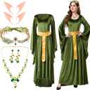 Mepase Women Fairy Renaissance Dress Costume Set Carnival Medieval Outfit with Elf Ear Necklace Earring Masquerade Cosplay (Green)