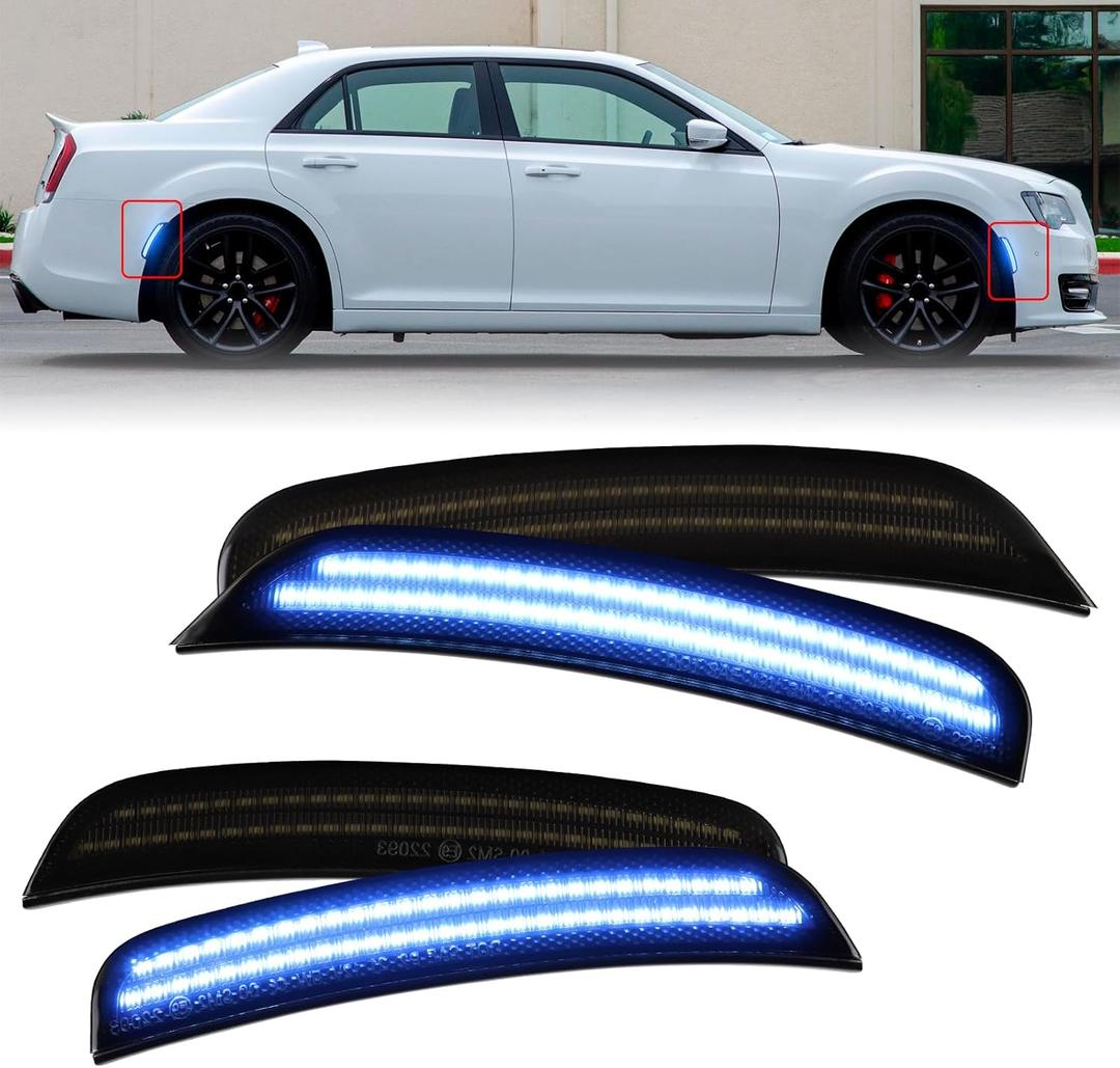 Blue LED Side Marker Lights For Chrysler 300 2015 2016 2017 2018 2019 2020 2021 2022 2023 Front Rear Bumper Fender Smoked Lens Sidemarker Lamp Accessories