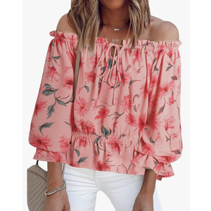 BLENCOT Summer Sexy Off Shoulder Tops for Women Boho Ruffle Sleeve Floral Chiffon Shirts Blouses, No Size