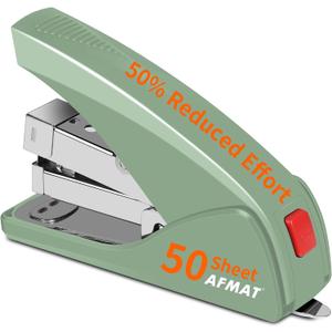 AFMAT ES10 Effortless Stapler for Desk, 50 Sheet Capacity, Low Force, Built-in Staple Remover, One Finger Touch Stapling Desktop Stapler, Portable & Space Save Size, Good for Home & Office, Green